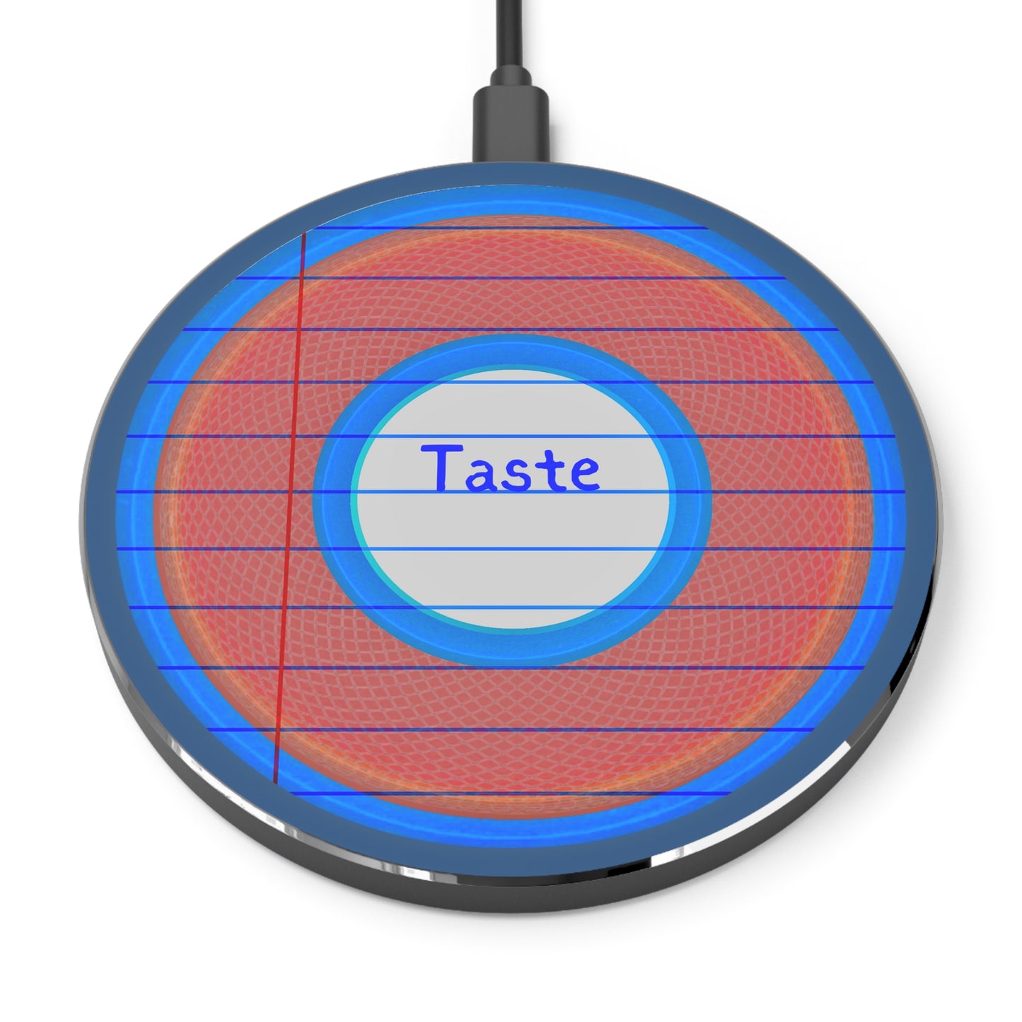 The Flow - Wireless Lumpy Donut Chargers - "Tasty Wireless Donut Charger" - rustic red donut w/light navy background - variant 1