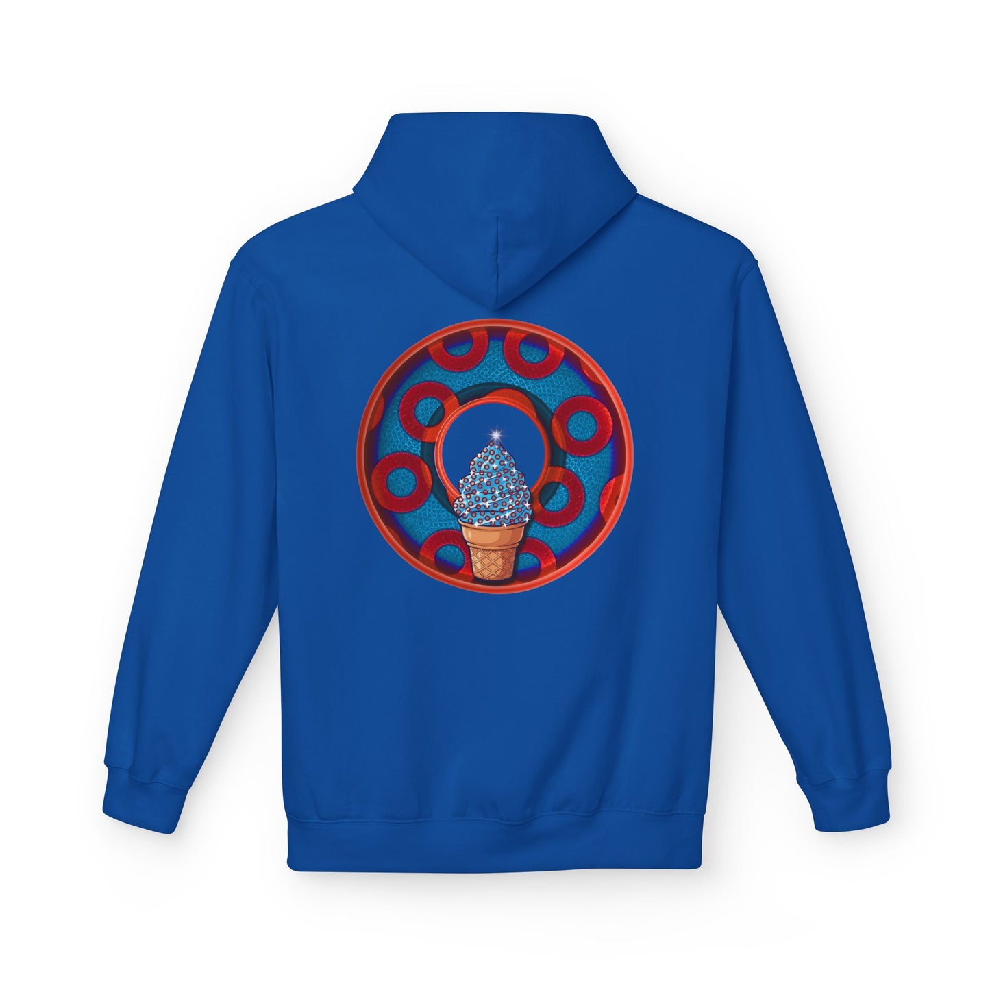 Fleece Harry Hoodies [Midweight Soft-style] - "We All Scream It's ICE Cream - YEMSG Donut" - blue/red rustic paradox donut