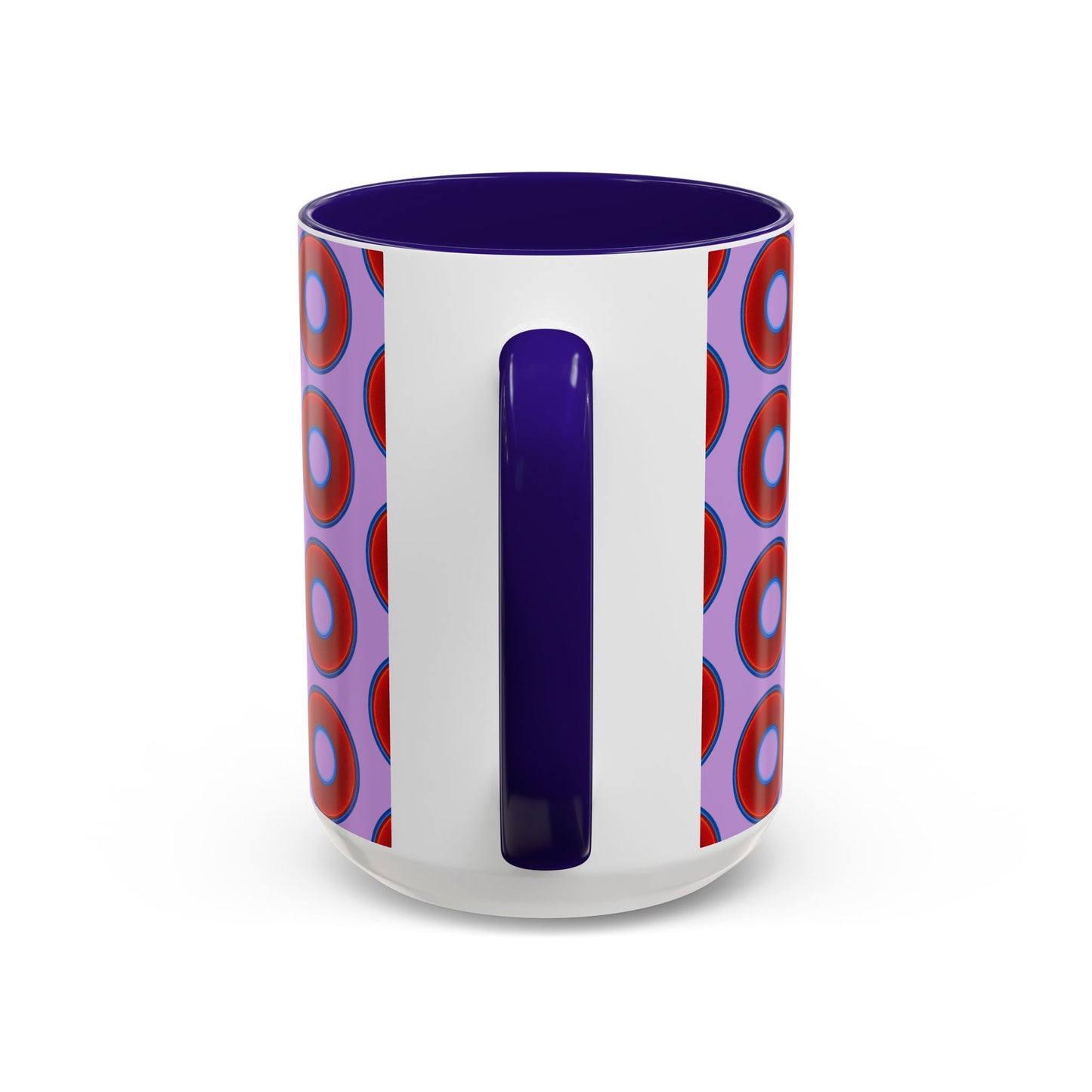 Lump's Grumpy Coffee Mug - vivid red donuts w/wisteria purple background