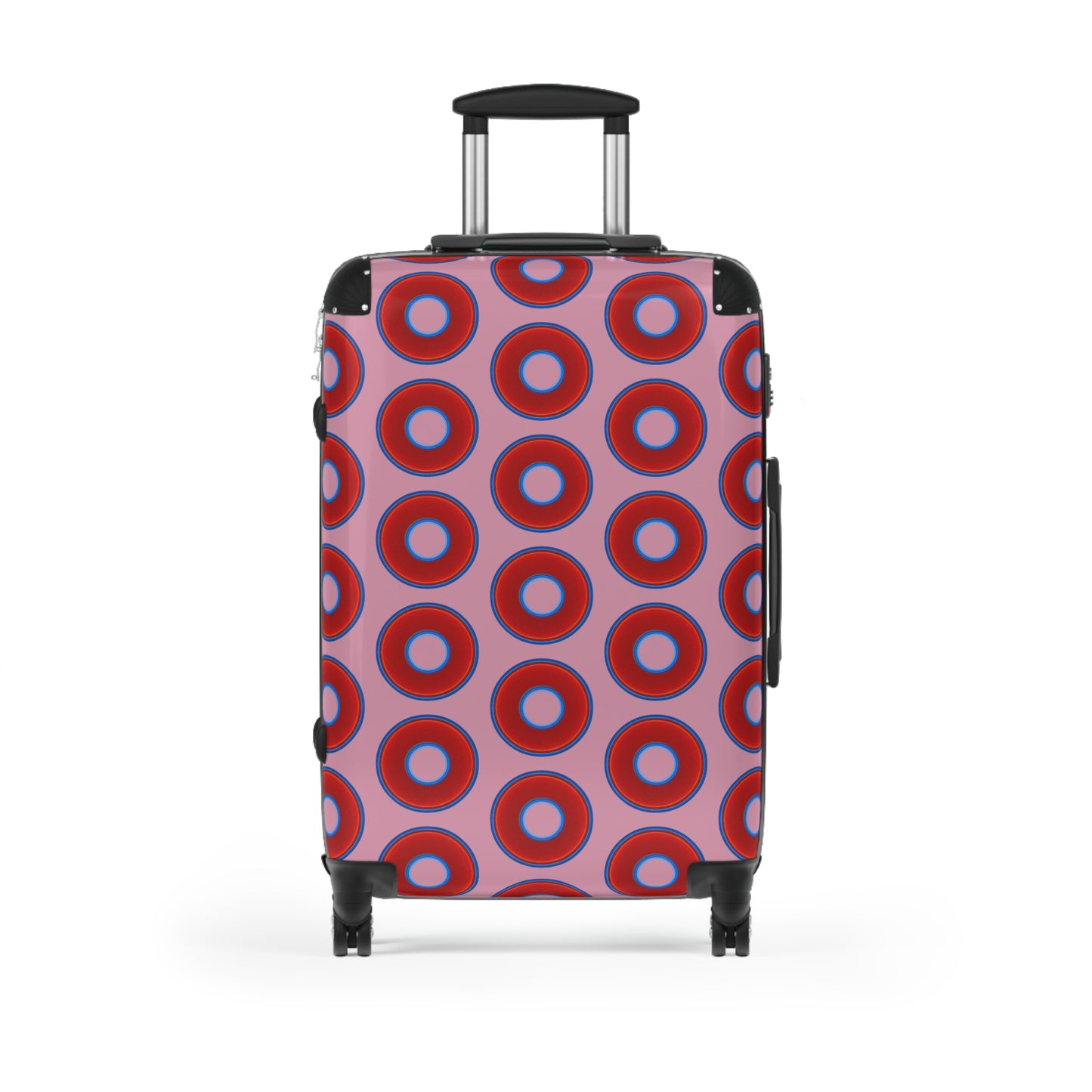Very Lumpy Donut Suitcase series - your choice of S, M or L - vivid red donut print w/pale magenta background