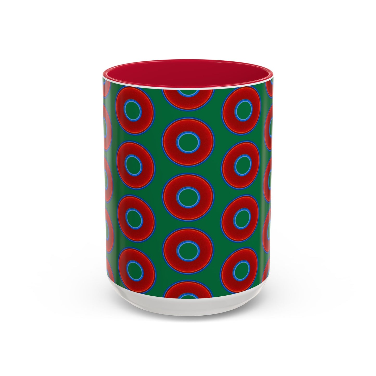 Lump's Grumpy Coffee Mug - vivid red donuts w/green background