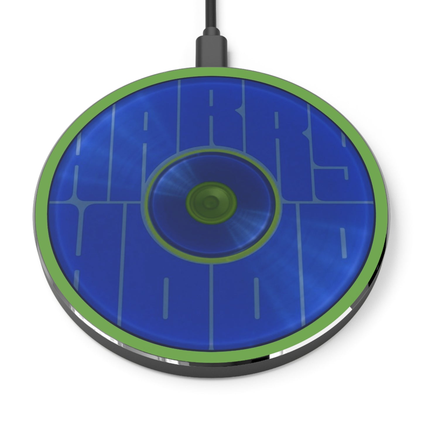 The Flow - Wireless Lumpy Donut Chargers - "Hoodlum's Donut Charger" - vivid blue word donut w/light green background - variant 5