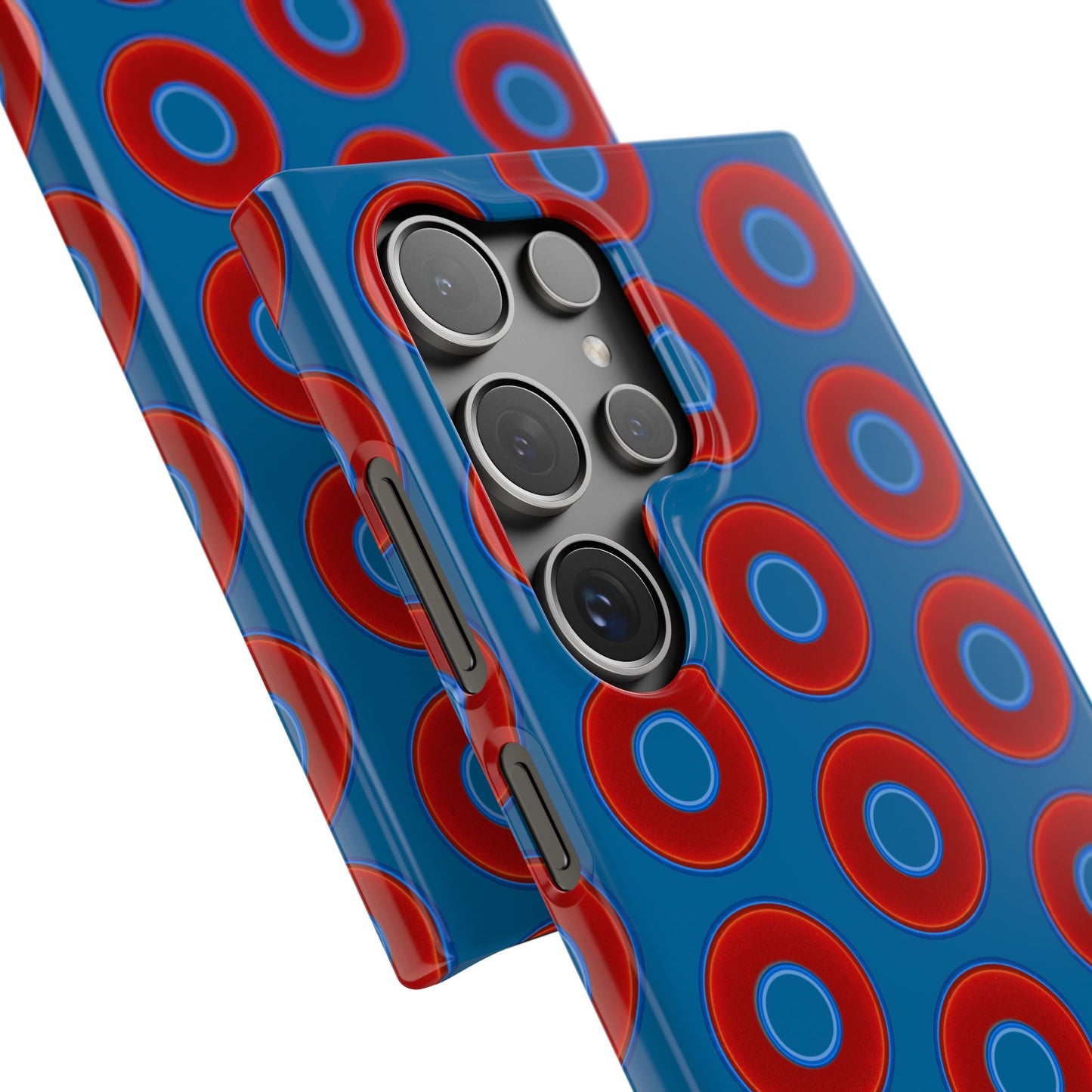 Lumpy Donut Snap Case - red vivid donut print w/wavy navy blue background