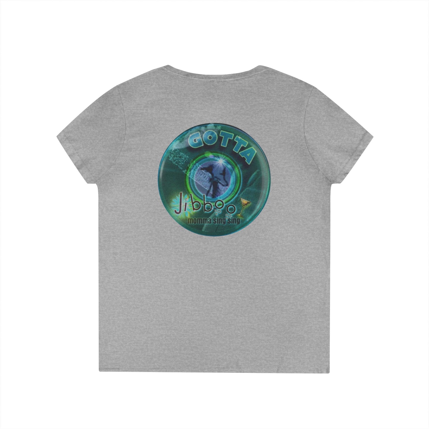 Women's Donut V-Neck Tee - "Momma just got out of Sing Sing" - vivid teal green donut w/