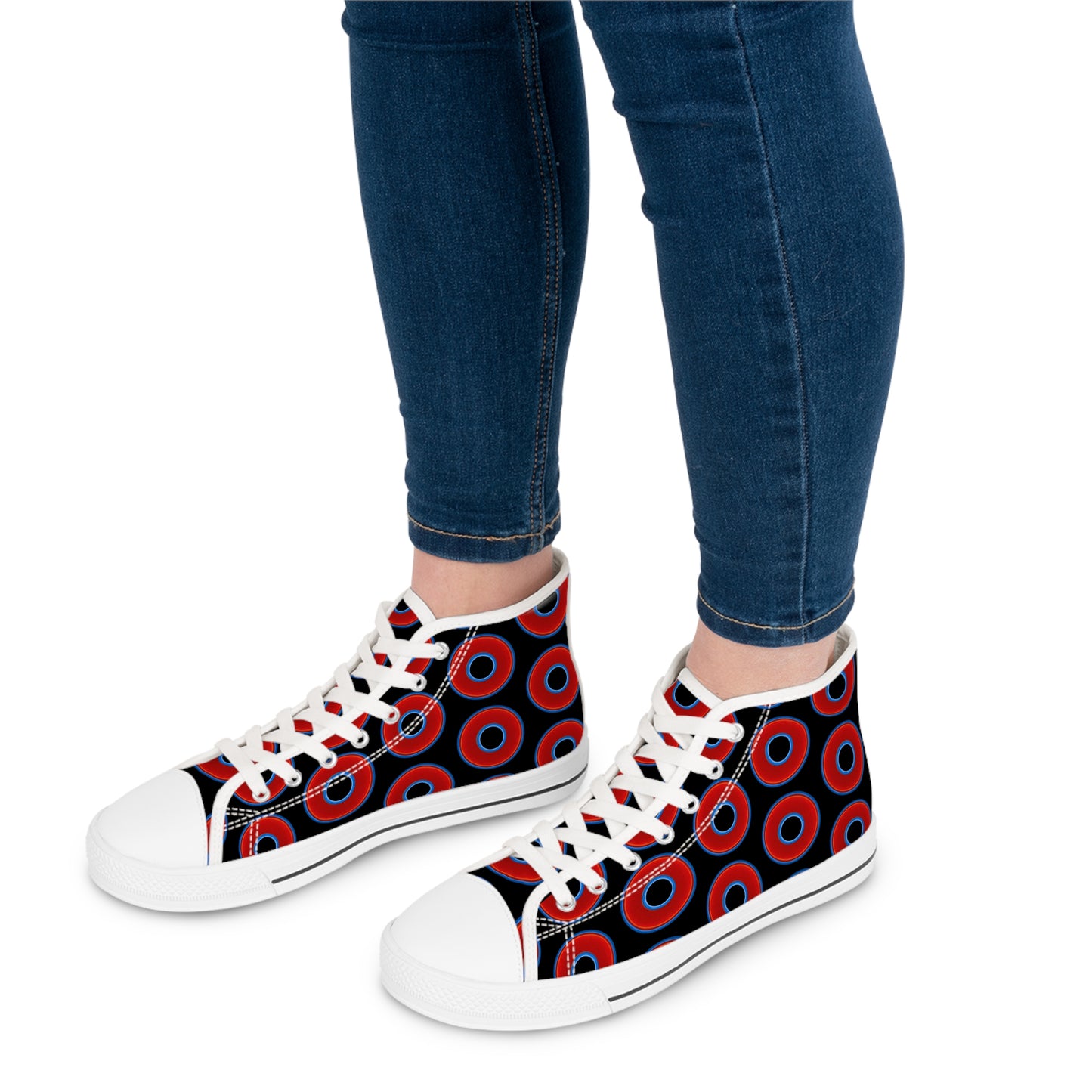 Women's High Top Chuck Taylors - large vivid red donut print w/black background