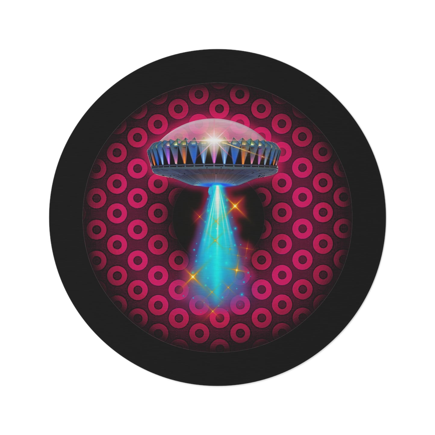 Round Room - 5 ft x 5 ft Lumpy Donut Rug - "They Have Donut Rugs On The Mothership Now" - paradoxical burgundy/red donut w/black background - variant 2
