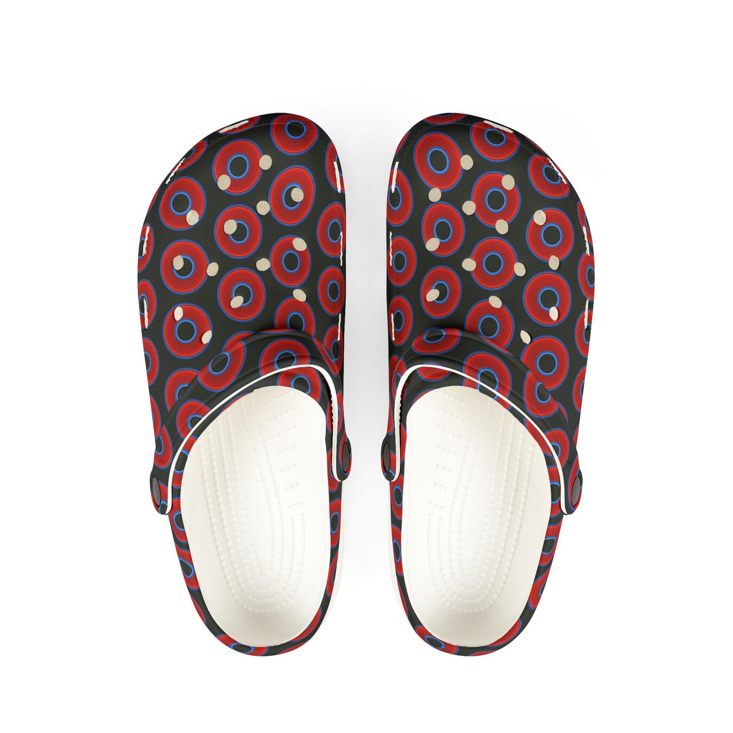 Spatchcocks - donut slip-on shoes - vivid red donuts w/midnight moss green background [unisex]
