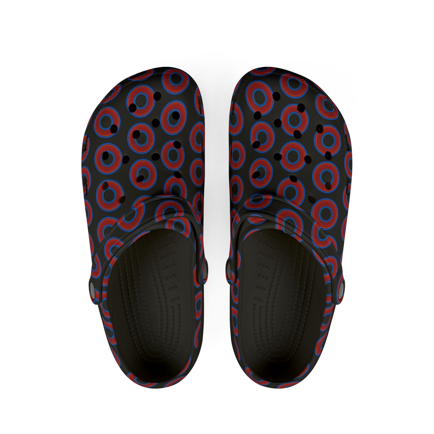 Spatchcocks - donut slip-on shoes - red rustic donuts w/black background [unisex]