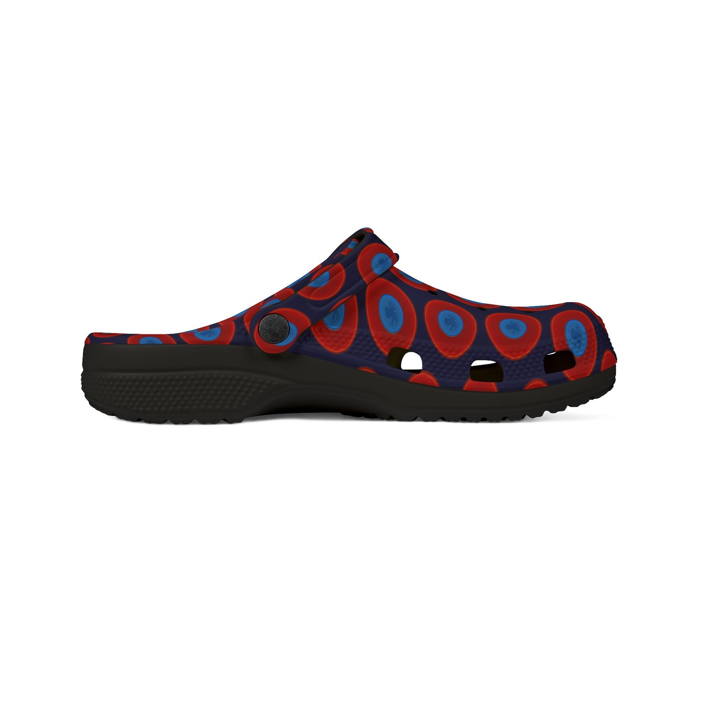 Spatchcocks - donut slip-on shoes - "Roger Moore's Octopussy Donut" - red vivid donuts w/midnight blue background [unisex]