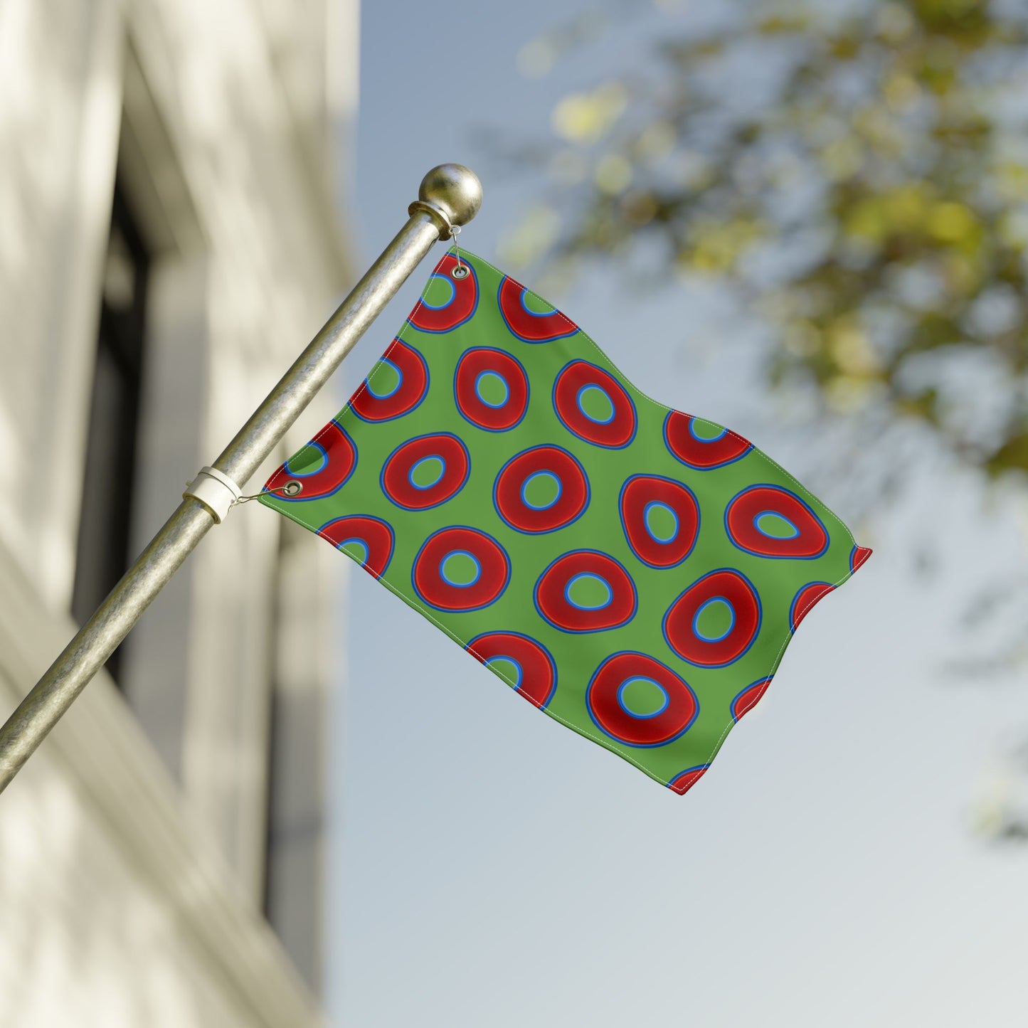 Lumpy Flagpole Sitters - Donut Flags [12" x 18"] - red vivid donut print w/light green background