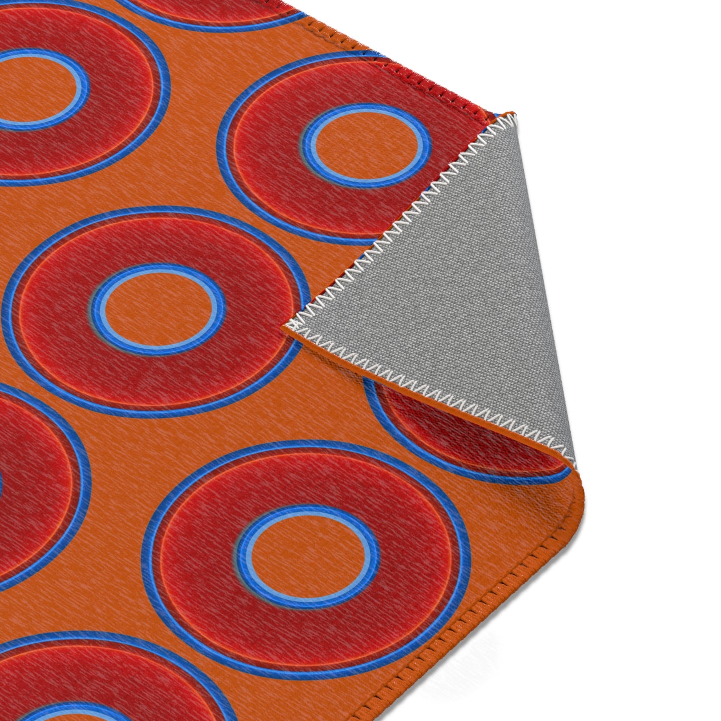Lumpy Donut Print Rug - choice of 3 sizes - vivid red donut print w/dark orange background
