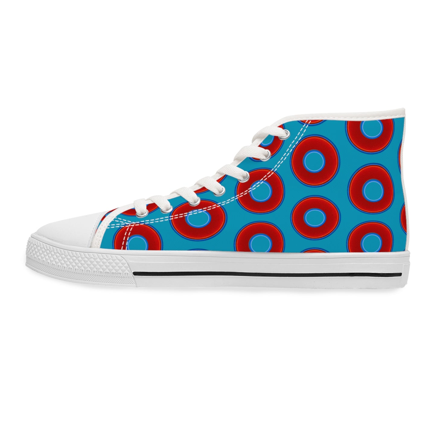 Women's High Top Chuck Taylors - large vivid red donut print w/aquamarine blue background
