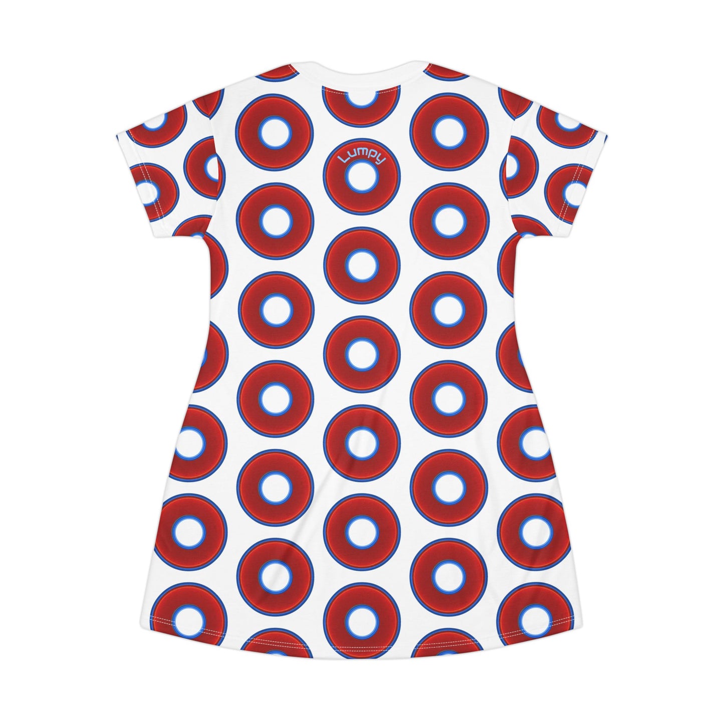 Not a Muumuu AOP Tee Shirt Dress - red vivid donuts w/white background