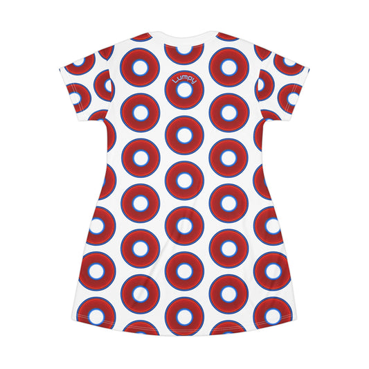 Not a Muumuu AOP Tee Shirt Dress - red vivid donuts w/white background