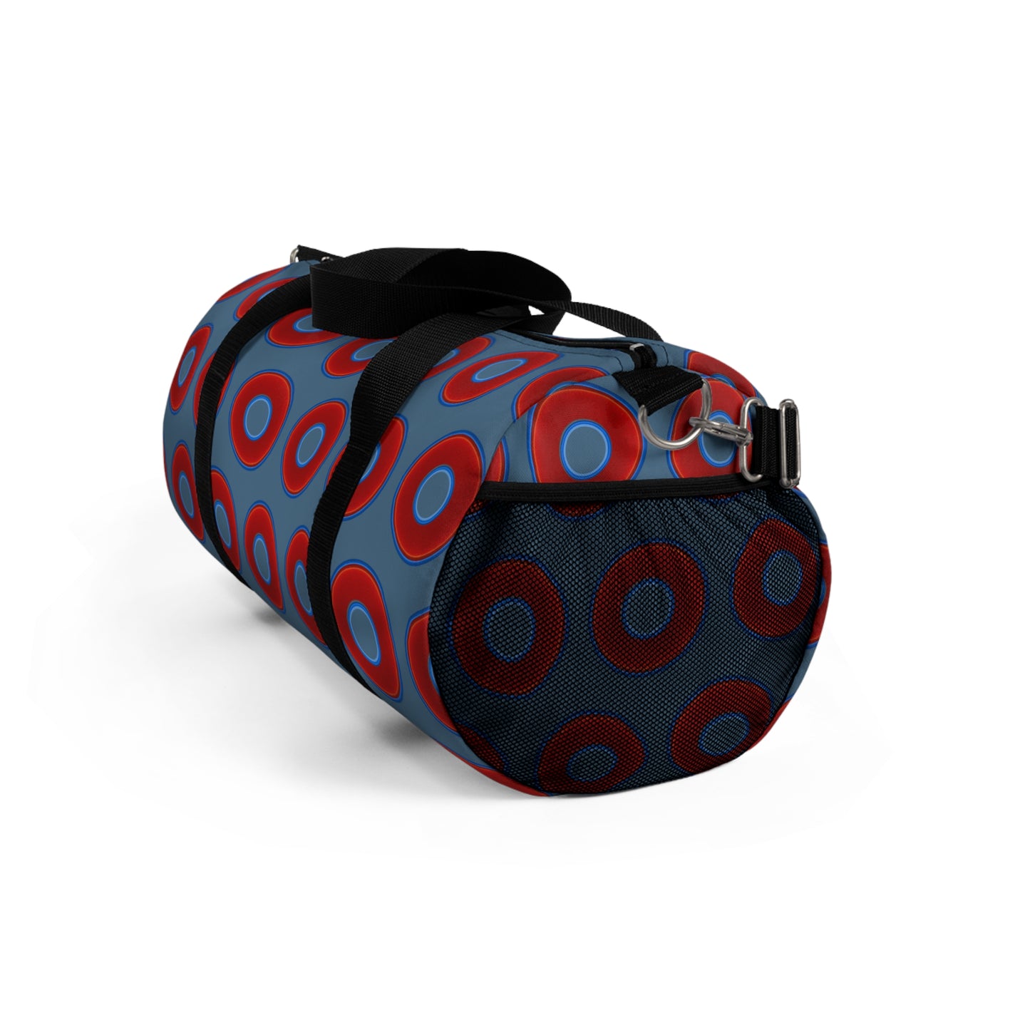 Lumpy Duffel - vivid red donuts w/steel blue background