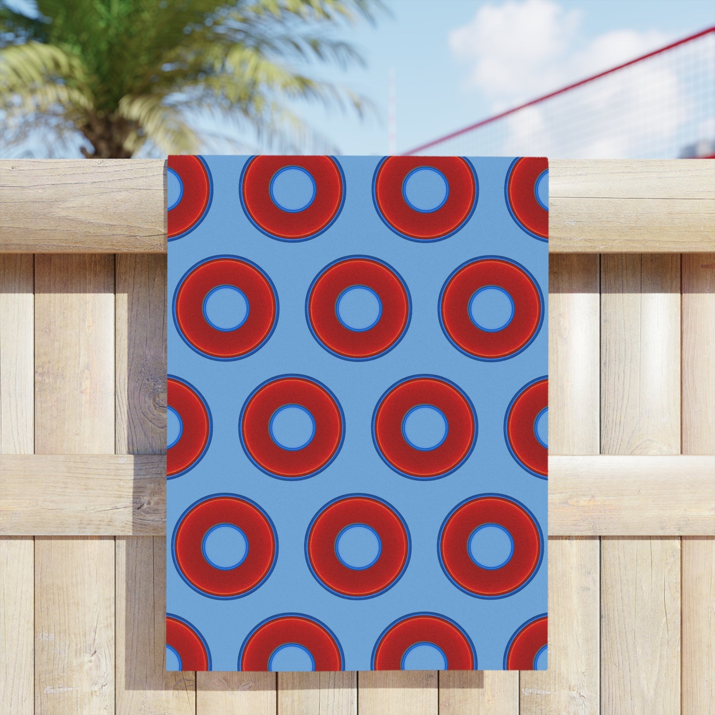 Lumpy Donut Towels - vivid red donuts w/light blue background