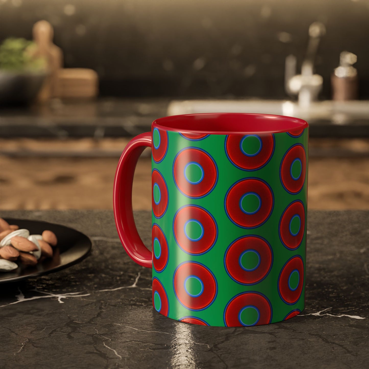 Lump's Grumpy Coffee Mug - vivid red donuts w/jade green background