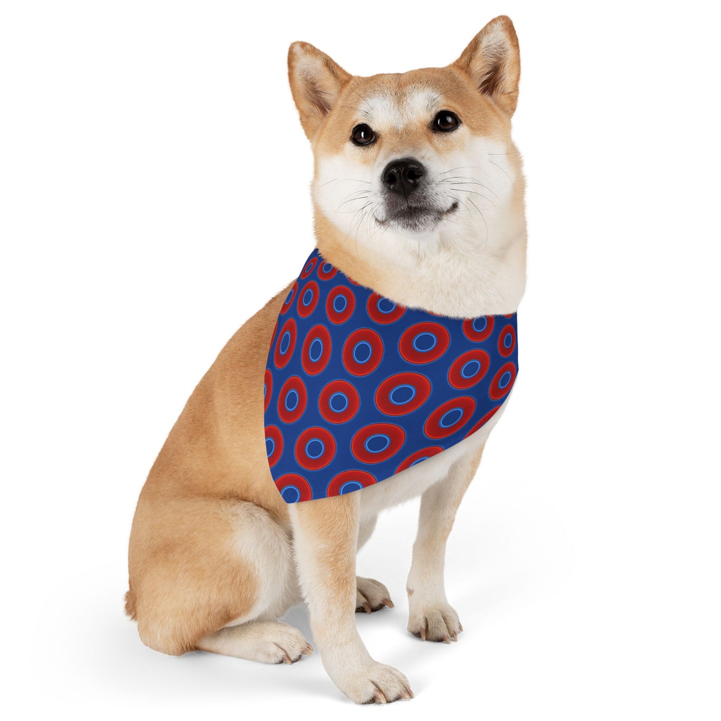 Jim's Lumpy Bandana Pet Collar - vivid red donuts w/dark blue background
