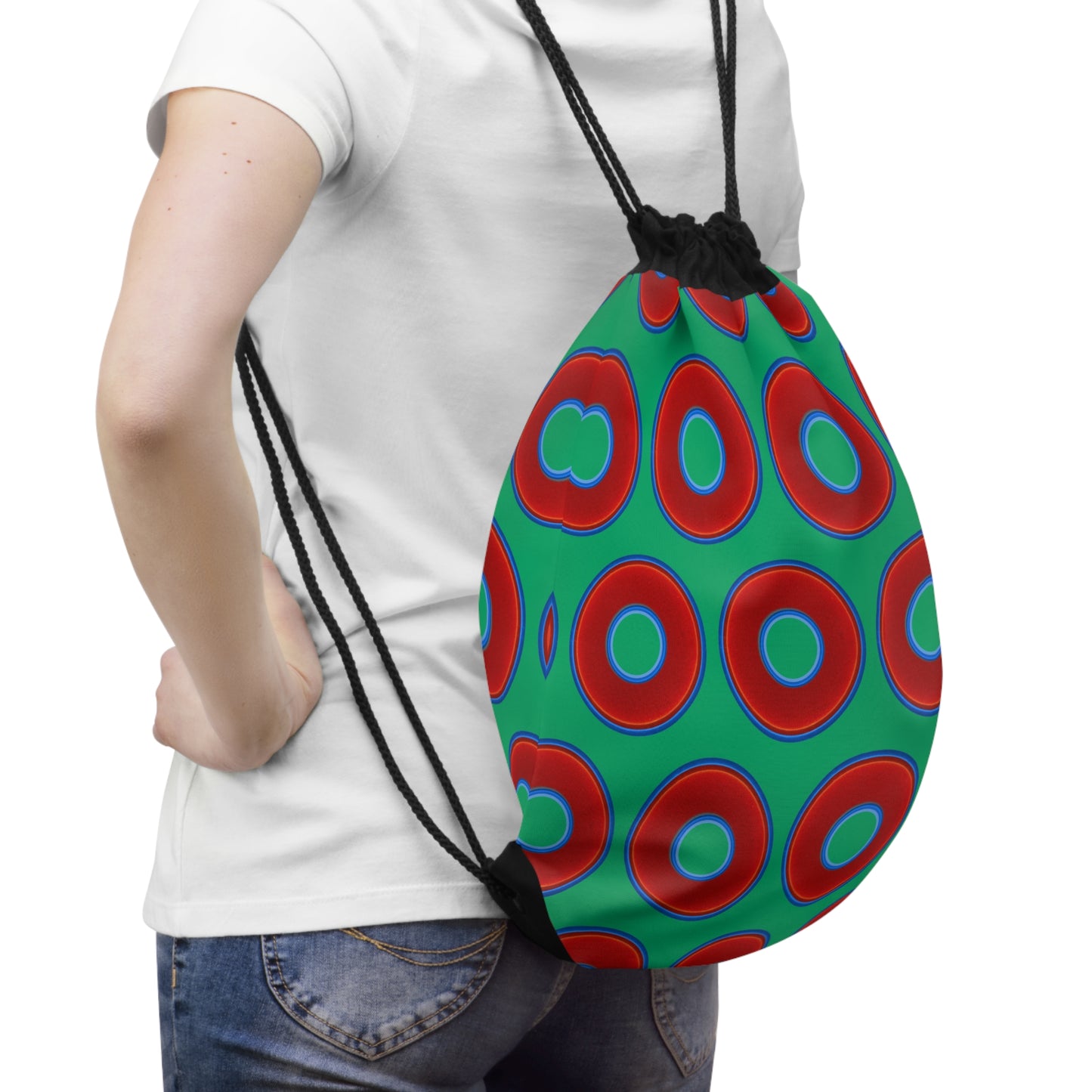 Donut Drawstring Bag - red vivid donuts print w/jade green background