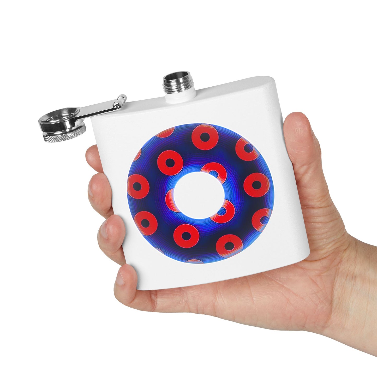 Lump's Donut Flask 6 oz -  Blue/Red Blimpy Paradox Donut - [*w/your choice of 5 backgrounds]