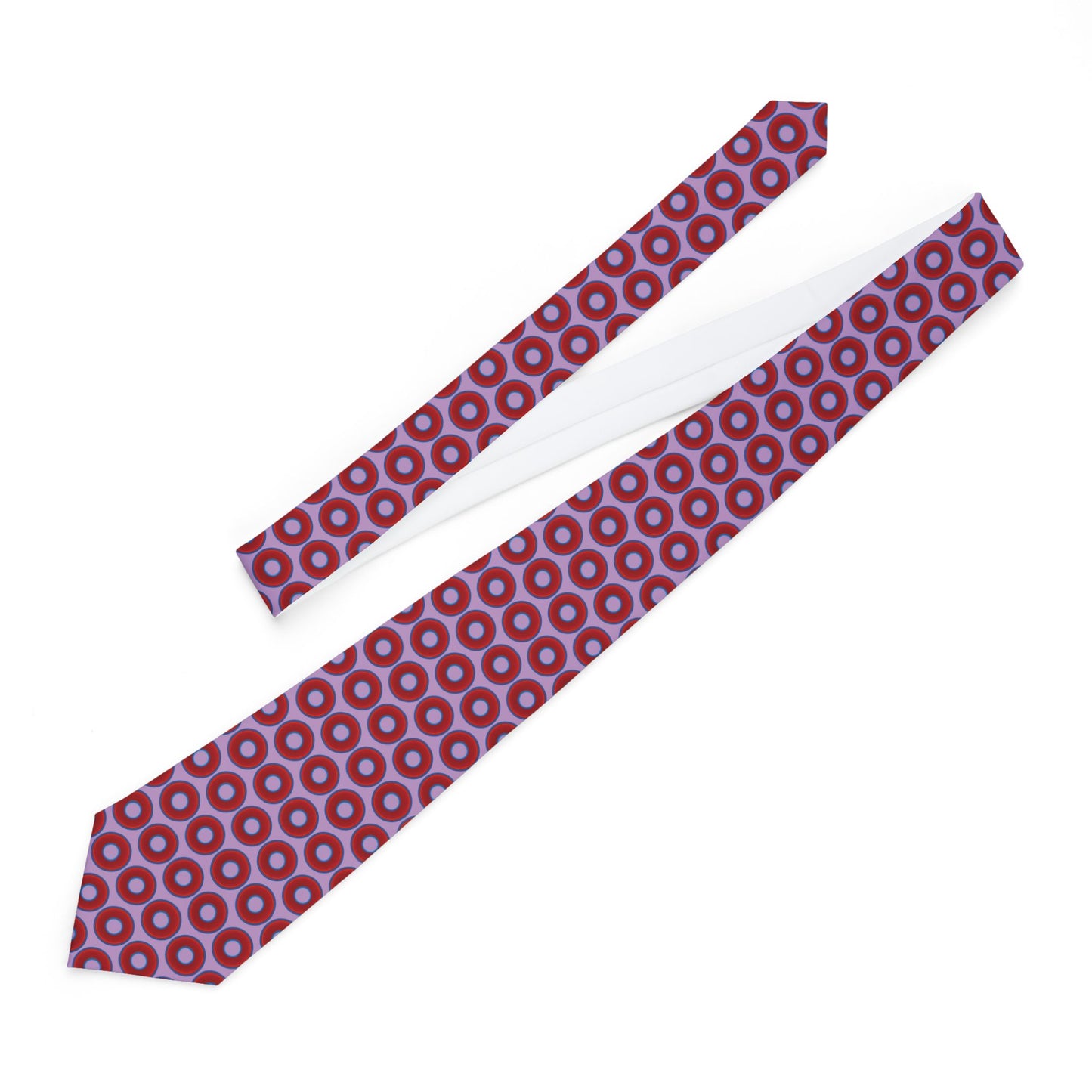 The Lumpy Necktie - vivid red donut print w/wisteria purple background