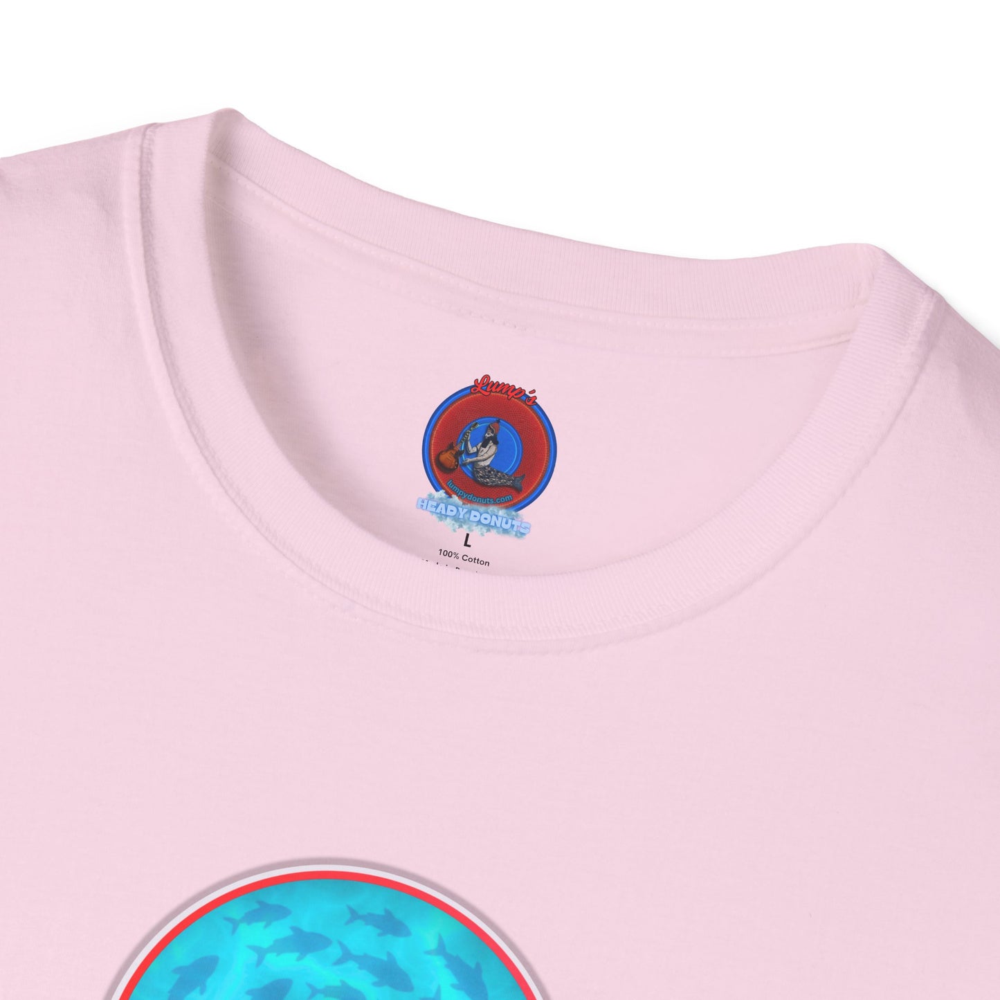 Classic Donut Tee - Unisex Soft-Style - "Skoolie of Phishies" - vivid sea donut - w/light blue water - variant 1