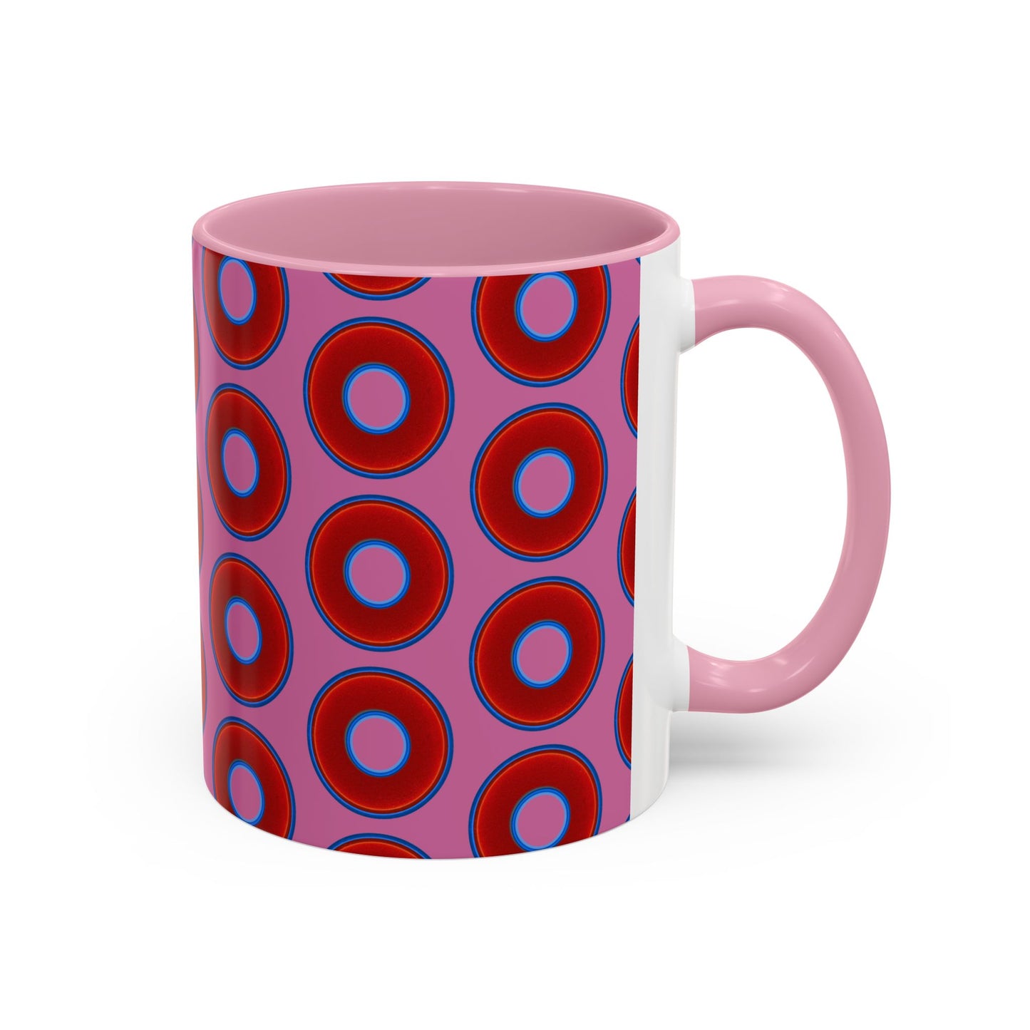 Lump's Grumpy Coffee Mug - vivid red donuts w/pink background