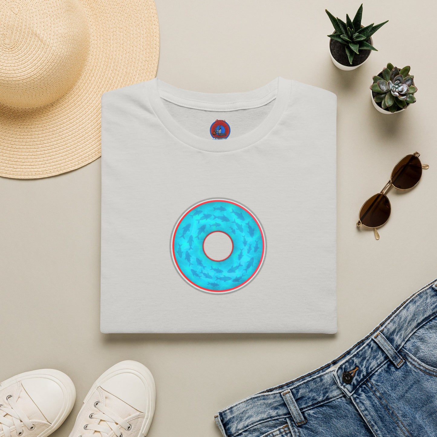 Classic Donut Tee - Unisex Soft-Style - "Skoolie of Phishies" - vivid sea donut - w/light blue water - variant 1