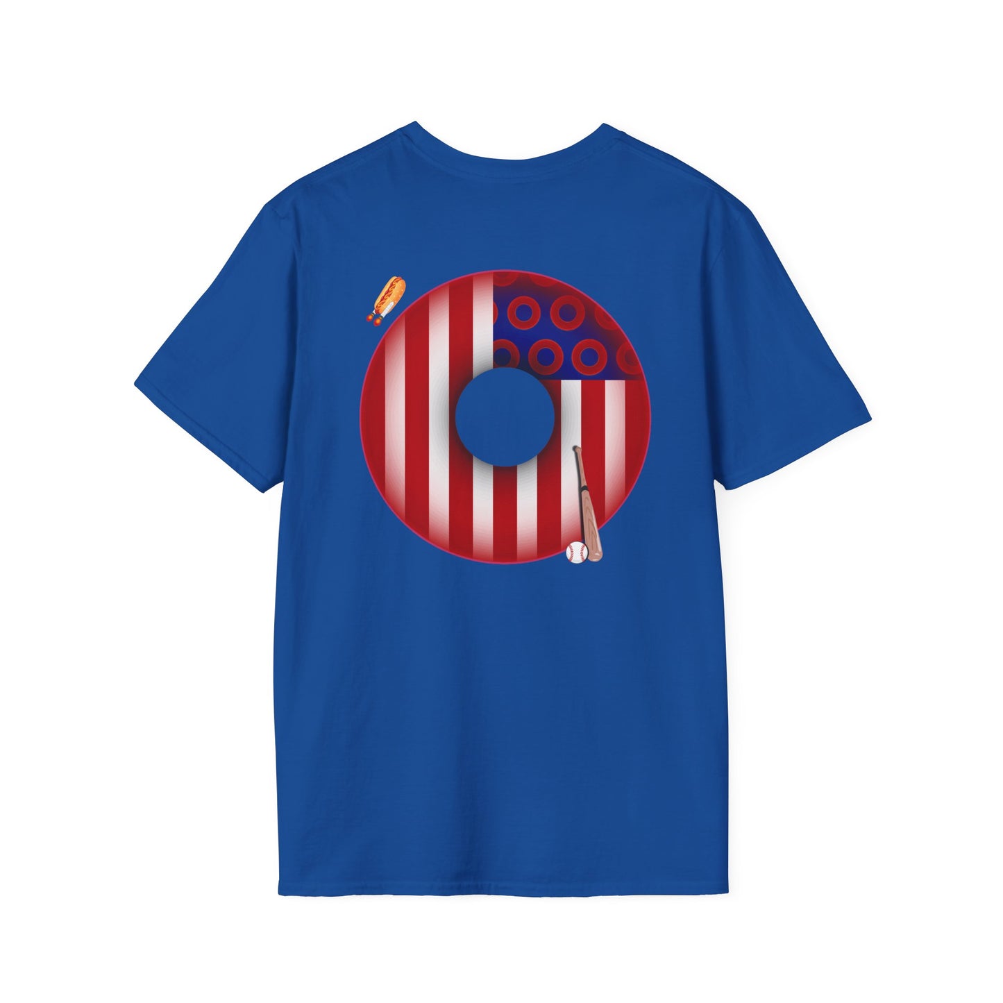 Classic Donut Tee - Unisex Soft-Style - "Uncle Sam's Donuts & Stripes" - vivid flag donut w/raw dogger