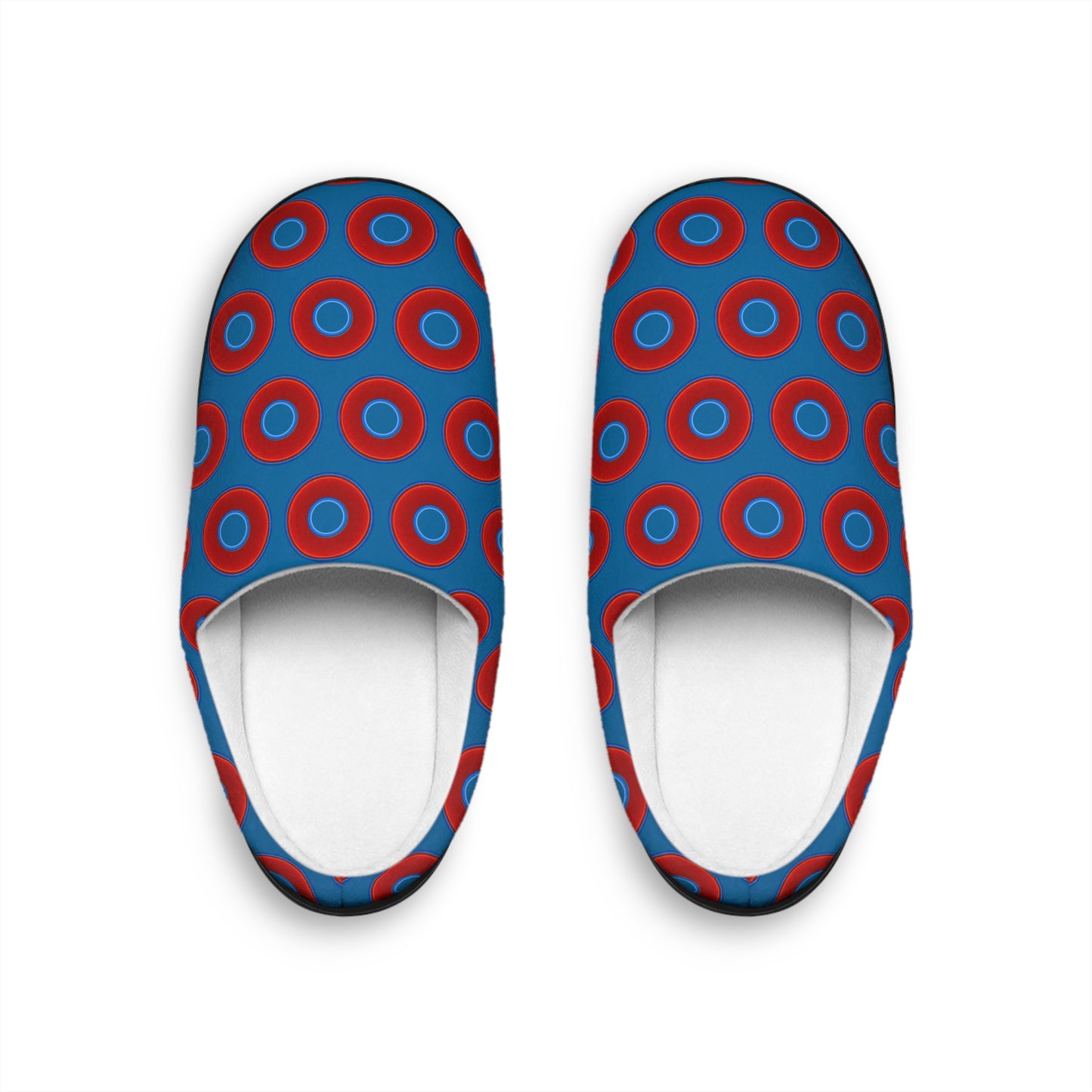 Women's Lumpy Slippers - red vivid donut print w/wavy navy blue background