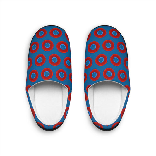 Women's Lumpy Slippers - red vivid donut print w/wavy navy blue background