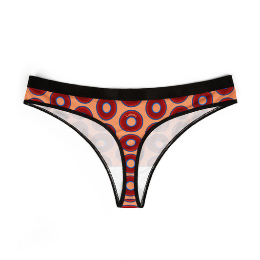Lumpy Donut Thongs - red vivid donut print w/peach background