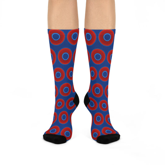 Lumpy Sox - cushioned crew - vivid red donut print w/dark blue background