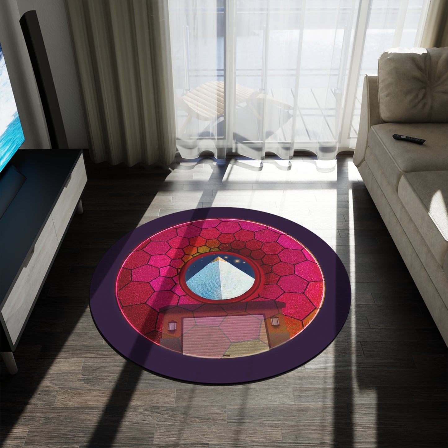 Round Room - 5 ft x 5 ft Lumpy Donut Rug - "Limestone Donut Rug so Large" - magenta hexadonut w/midnight purple background - variant 6