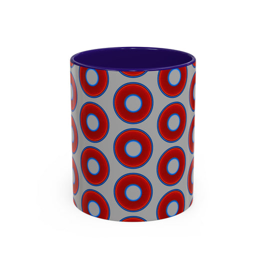 Lump's Grumpy Coffee Mug - vivid red donuts w/light gray background