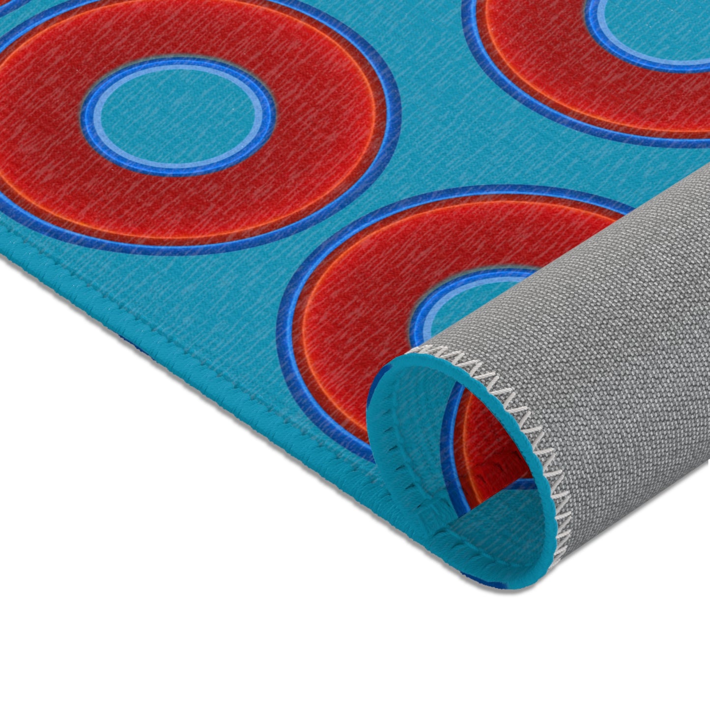 Lumpy Donut Print Rug - choice of 3 sizes - vivid red donut print w/aquamarine blue background