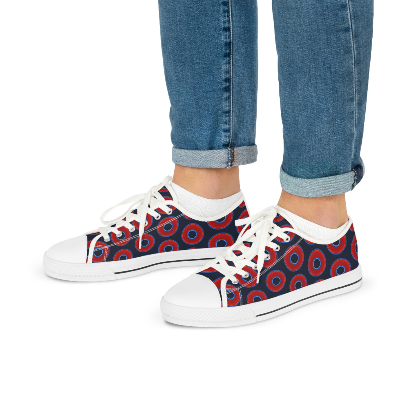 Men's - Low Top Chuck Taylors - large vivid red donut print w/dark blue teal elite background