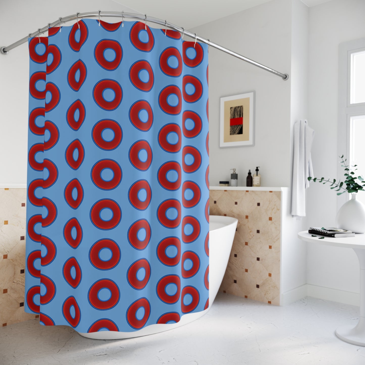 The Curtain With "Donuts" - Lumpy Bath Time Fun - vivid red donuts w/light blue background