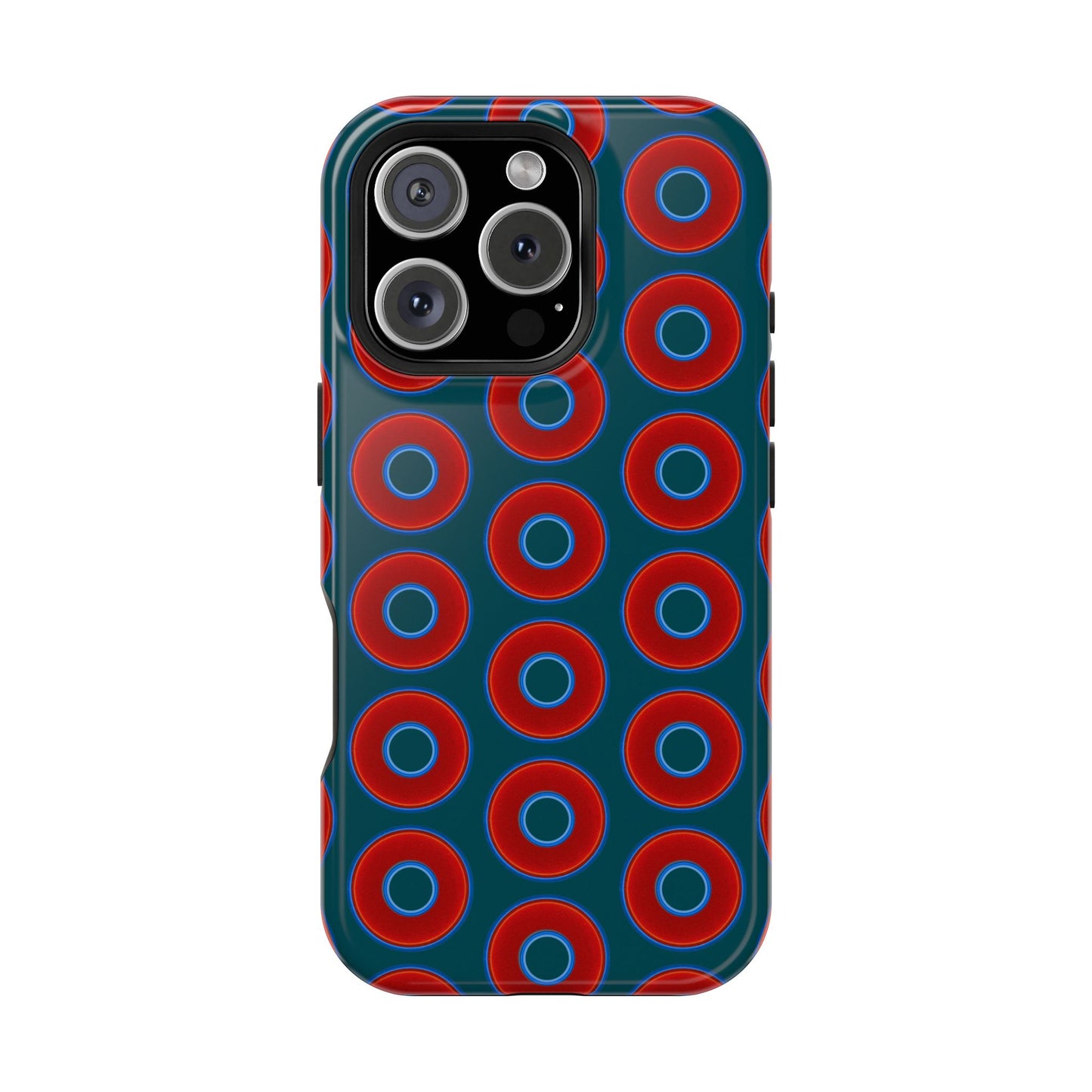 Impact-Resistant Lumpy Donut Case - red vivid donut print w/midnight green background