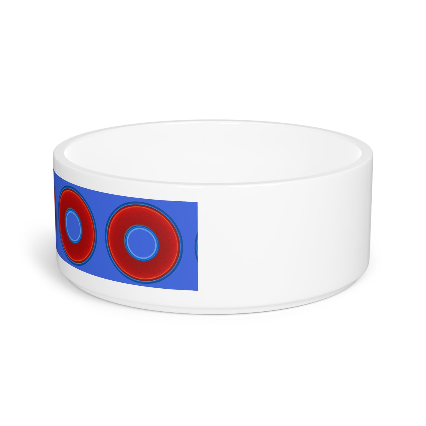16 oz Lumpy Pet Bowl - vivid red donuts w/royal blue background