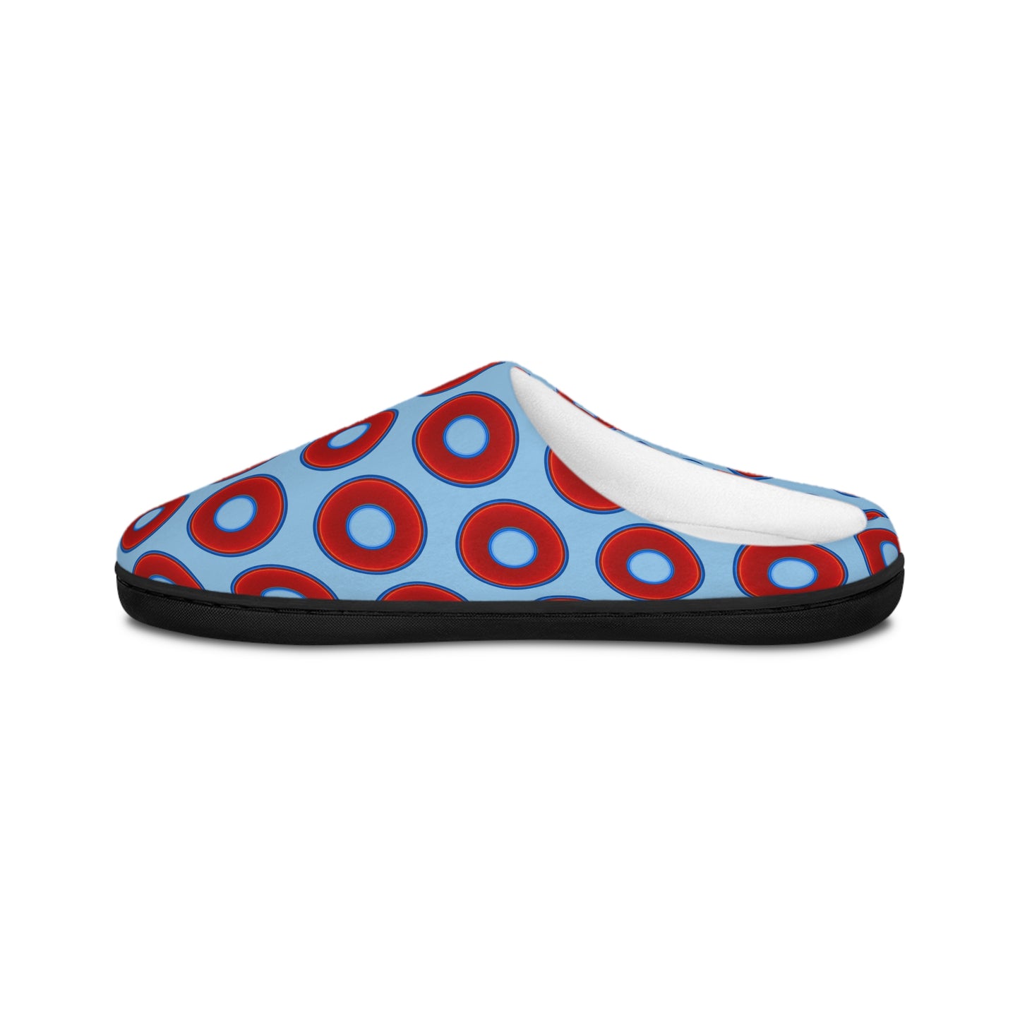 Men's Lumpy Slippers - red vivid donut print w/sky blue background