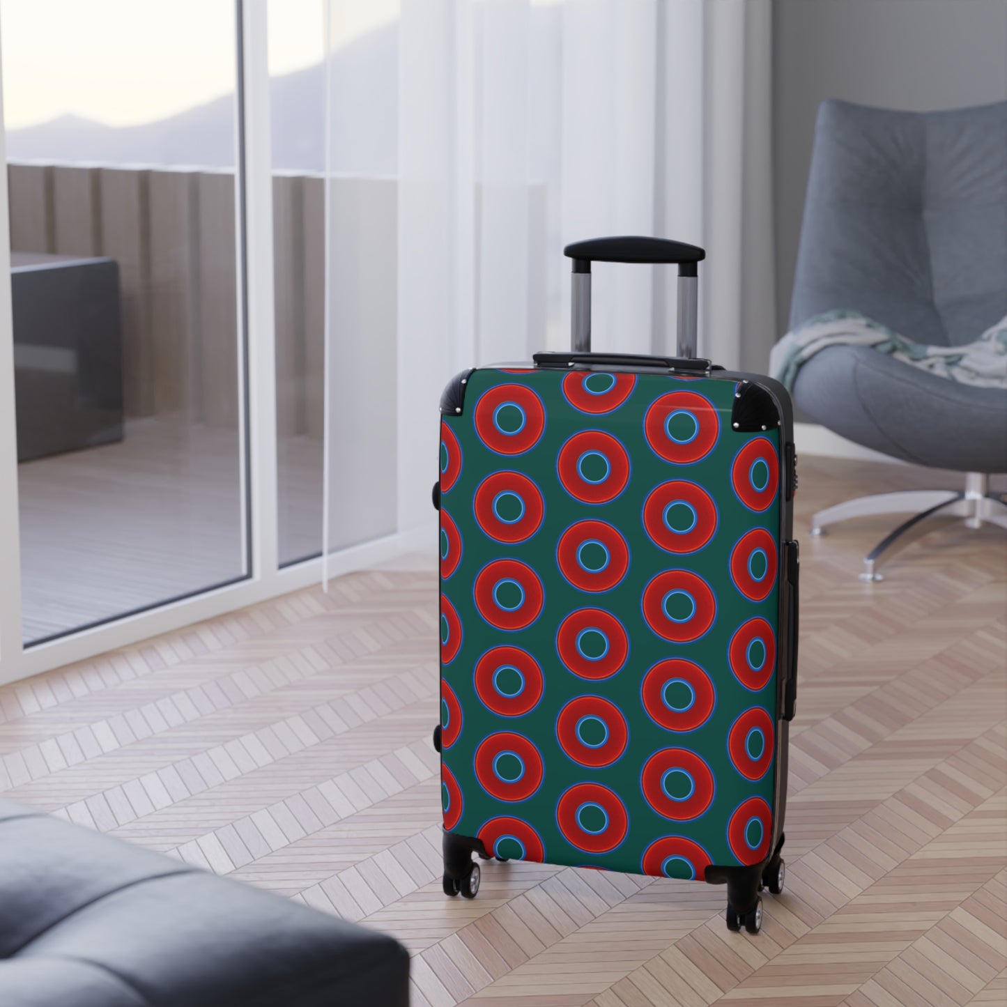 The Very Lumpy Donut Suitcase series - your choice of S, M or L - vivid red donut print w/grayish green background