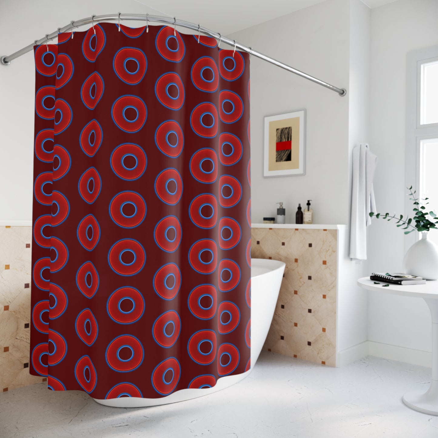 The Curtain With "Donuts" - Lumpy Bath Time Fun - vivid red donuts w/dark red background