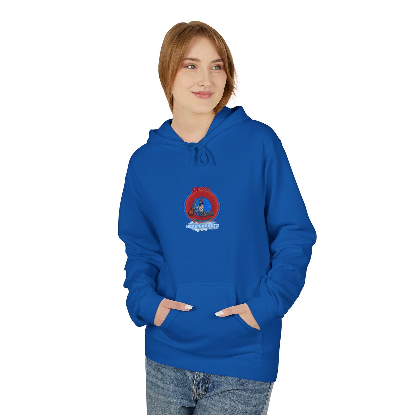 Unisex Fleece Hoodie - [Midweight Soft-style] - "Lump's Heady Logo" - w/rustic red donuts