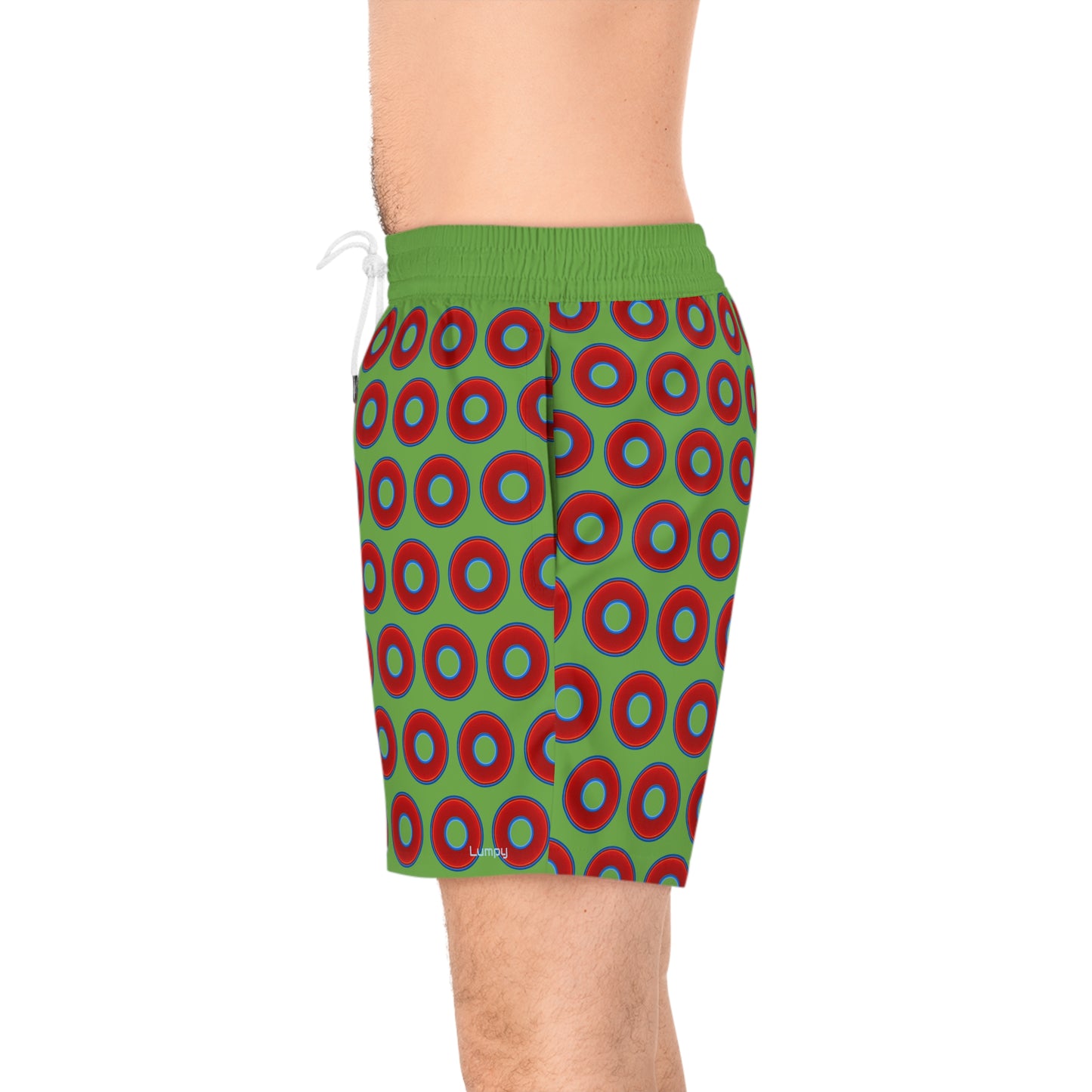 Men's Lumpy Swim Trunks - vivid red donut print w/light green background
