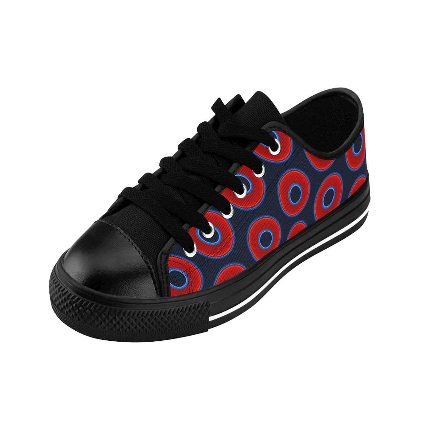 Women's Cushiony Convectors - Low Top - large red vivid donut print w/dark teal elite blue background
