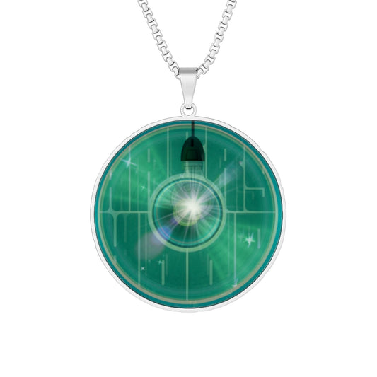 Lump's Heady Donut Necklace - 1" x 1" Stainless Steel Pendant - "Harry's Hoodlum Pendant" - vivid teal green reflective donut - w/light - variant 4