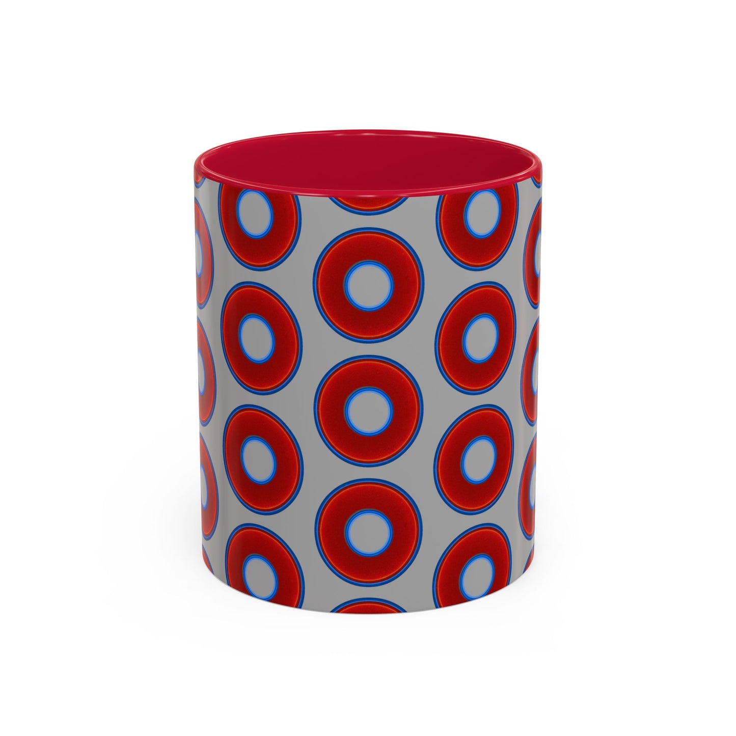 Lump's Grumpy Coffee Mug - vivid red donuts w/light gray background
