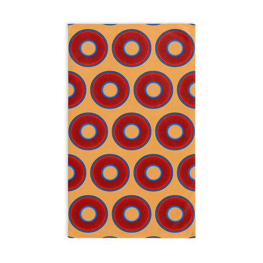 Lumpy Kitchen/Hand Towels - vivid red donuts w/creamsicle orange background