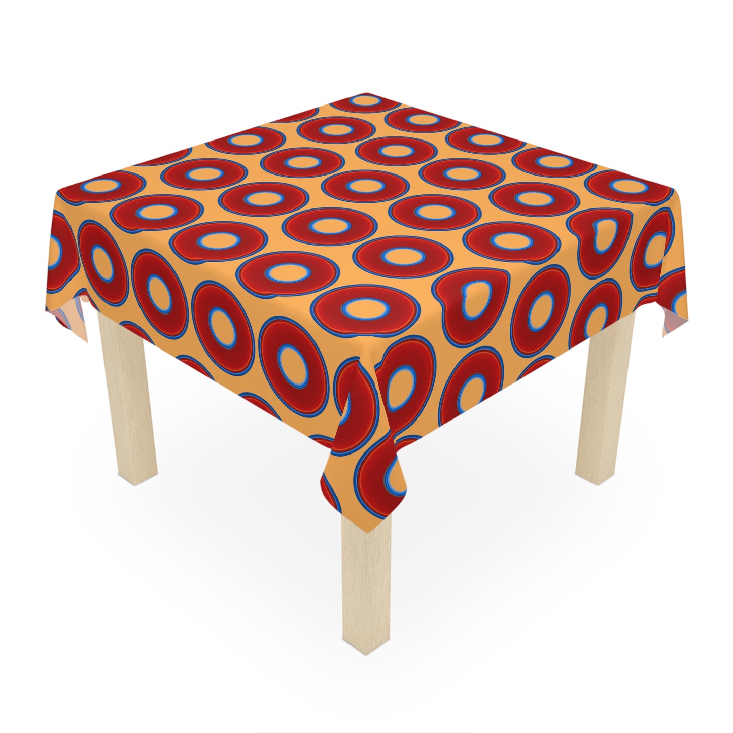 Lumpy Tablecloth - 55.1" x 55.1" - vivid red donuts w/creamsicle orange background